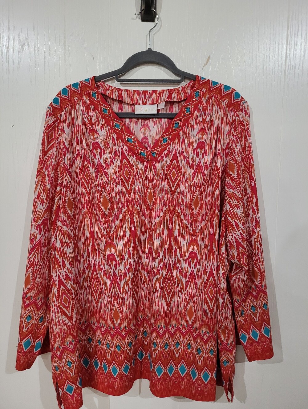 Women’s Coral & Turquoise Ikat Print V-Neck Long Sleeve Tunic Style Top Size XL